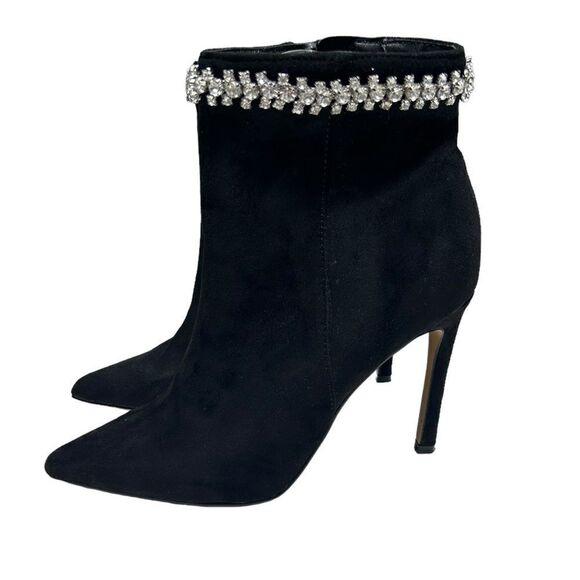 Express Black Faux Suede Ankle Booties Heeled Boots Gemstone Top Pointed Toe - Picture 4 of 9